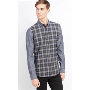 VINCE Men's Melrose Chambray Plaid Blocked Shirt‎ XL Wool Blend